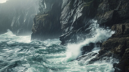 The image captures a powerful storm with waves violently crashing against dark, rugged cliffs - obrazy, fototapety, plakaty