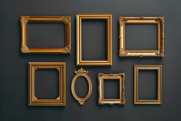 Assorted Baroque Vintage Frames Against A Wall. A collection of empty vintage picture frames against a textured wall, presenting a variety of sizes and ornate designs - obrazy, fototapety, plakaty