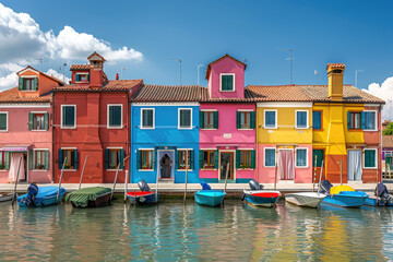 A colorful row of houses along the canal in Burano, Italy. The buildings have bright colors and are near boats docked at their sides. In front is blue sky with white clouds - Powered by Adobe