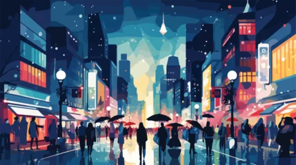 Foto op Canvas A bustling city street at night with colorful light © Ideas
