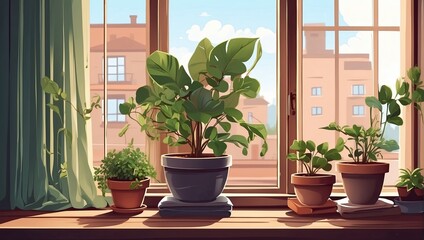 Fototapeta na wymiar Popular Potted plants illustration On the window sill of the house window, in pots - philodendron, ficus, Monstera. 