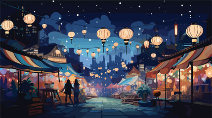 A bustling night market illuminated by colorful 