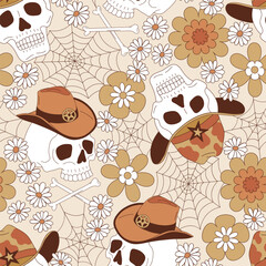 Groovy western Halloween skull in cowboy or sheriff hat among cobweb and flowers vector seamless pattern. Hand drawn retro October 31 holiday howdy wild west aesthetic floral background. - 765432977