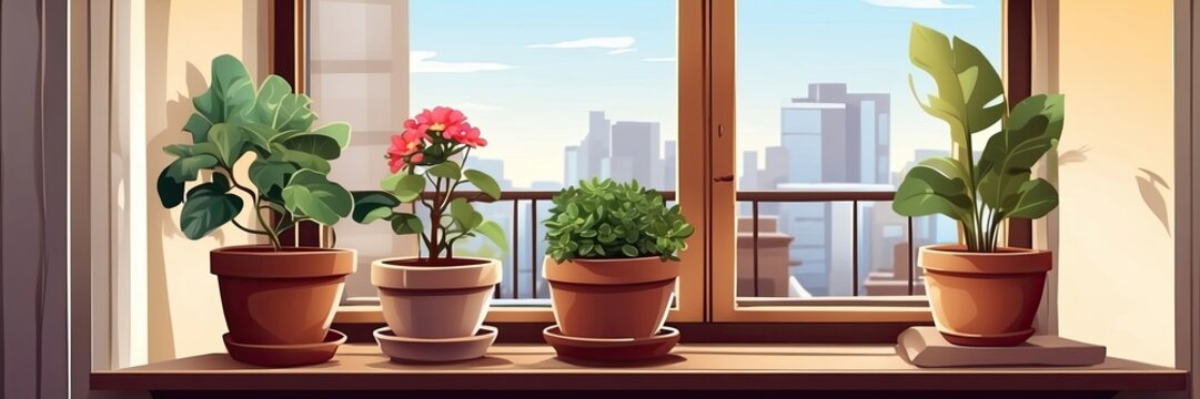 Popular Potted plants illustration On the window sill of the house window, in pots - philodendron, ficus, Monstera. 