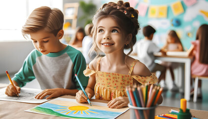 Children in a school classroom drawing, ideal for a blog or article on education