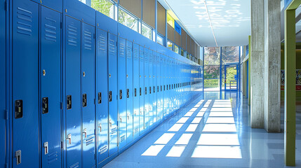 Blue lockers stretch along the extensive school corridor.