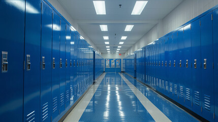 Blue lockers stretch along the extensive school corridor. - obrazy, fototapety, plakaty