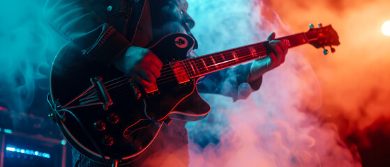 Close up of male hands playing on electric guitar on concert stage. Musician performance. Rock, metal, grunge style.  Blurred background. Banner, flyer illustration. Generative ai - obrazy, fototapety, plakaty
