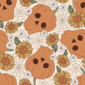 Groovy Halloween pumpkin dead head skull skeleton shape among cobweb and flowers vector seamless pattern. Hand drawn retro October 31 holiday floral background. 