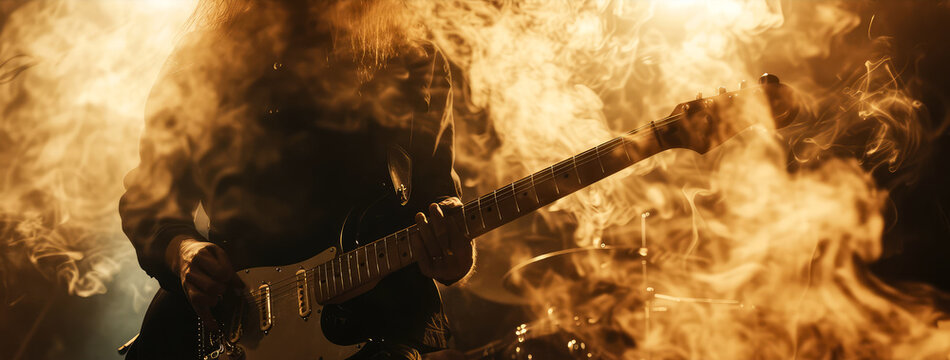 Close up of male hands playing on electric guitar on concert stage. Musician performance. Rock, metal, grunge style.  Blurred background. Banner, flyer illustration. Generative ai