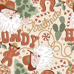 Groovy Howdy Christmas rodeo disco Santa Claus gingerbread in cowboy hat vector seamless pattern. Hand drawn retro Xmas December 31 holiday season wild west aesthetic background. Perfect for gifts