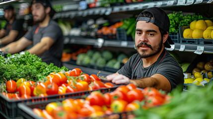 Obraz premium Workers stocking store shelves with fresh products/produce.