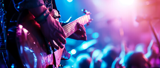 Close up of male hands playing on electric guitar on concert stage. Musician performance. Rock, metal, grunge style.  Blurred background. Banner, flyer illustration. Generative ai - obrazy, fototapety, plakaty