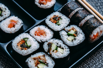 Set of Japanese sushi roll. Eastern cuisine. Close-up.