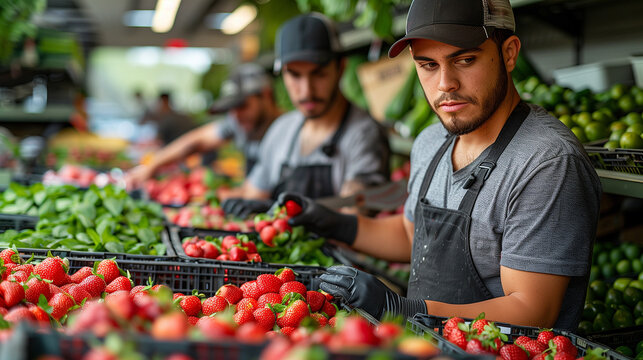 Workers stocking store shelves with fresh products/produce.