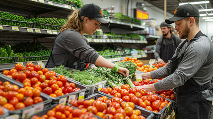 Workers stocking store shelves with fresh products/produce.