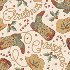 Groovy Howdy Christmas cowboy accessories hat boots ornated with holly berry plant vector seamless pattern. Hand drawn retro Xmas December 31 holiday season wild west aesthetic background. Perfect for - 765433557