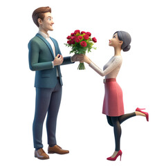 3d render a man propose a beautiful woman with flower bouquet