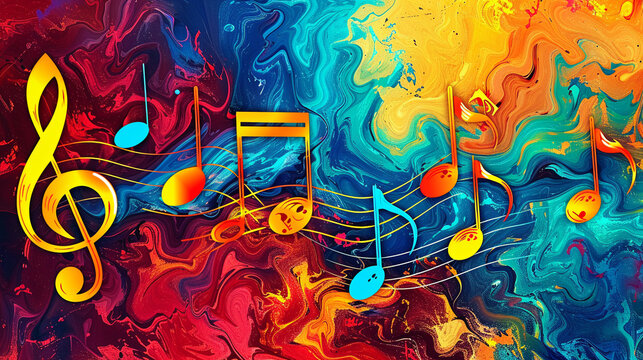 Colorful musical notation symbols form a vibrant melody on the abstract background.