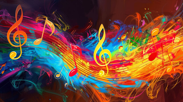 Colorful musical notation symbols form a vibrant melody on the abstract background.