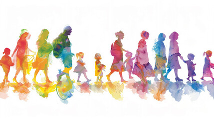 Generational diversity is depicted through colorful upper body silhouettes. - obrazy, fototapety, plakaty