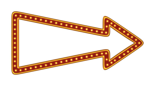 Red arrow frame gold border light glow retro advertising sign on white background. 3d rendering