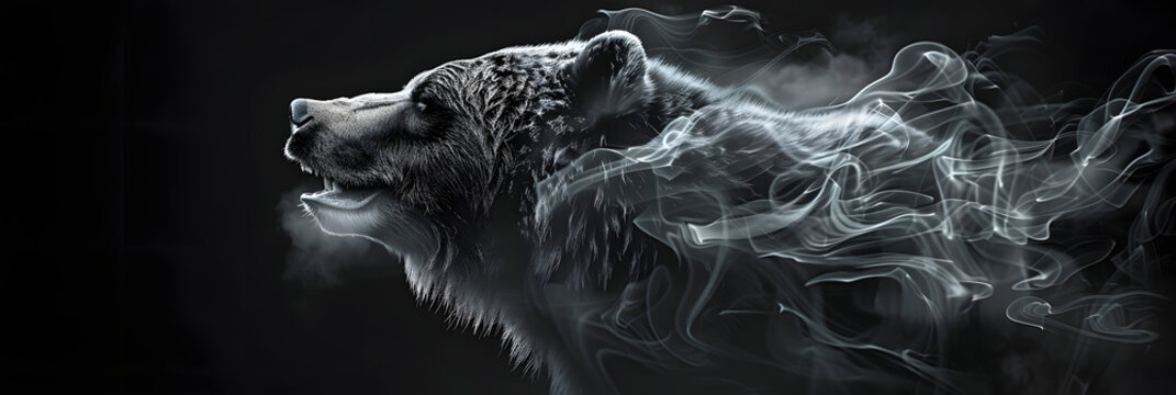 a black and white picture of a bear on a dark background with smoke coming out of it's mouth.