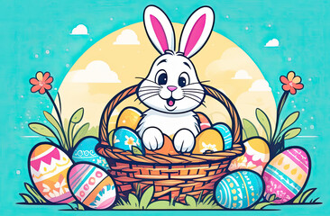 A cute Easter bunny with a basket of eggs and spring flowers is an illustration of a children character, a traditional holiday card on a colored background.