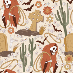 Groovy Halloween skeleton with rodeo rope grave bats cactus flowers vector seamless pattern. October 31 holiday hand drawn retro howdy wild west aesthetic background. - 765434304