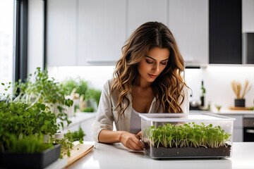 A woman grows microgreens in a container in the kitchen - vitamins at home on the windowsill