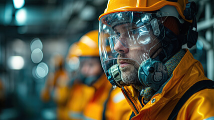 An oil and gas worker in a reflective yellow hazmat suit and respirator mask stands alert amidst industrial operations, highlighting strict adherence to safety protocols - obrazy, fototapety, plakaty