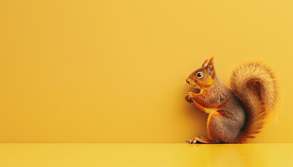 Squirrel on yellow background with blank space for copy.