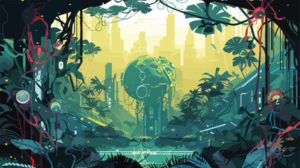 A cybernetic jungle where nature and technology 