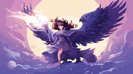 Fototapete Rund A beautiful sorceress riding on a huge owl griffin  © Ideas