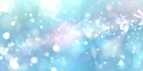 Abstract white and blue glitter background with bokeh lights, white cyan blue glitter sparkle on dark background, blue white circle bokeh, defocused, banner	
