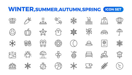 Spring, summer, autumn, and winter icon set. Weather icons. Weather forecast icon set. Clouds logo. Weather, clouds, sunny day, moon, snowflakes, wind, sun day. Outline icon collection.