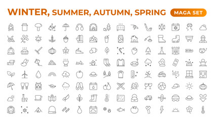 Fototapeta premium Spring, summer, autumn, and winter icon set. Weather icons. Weather forecast icon set. Clouds logo. Weather, clouds, sunny day, moon, snowflakes, wind, sun day. Outline icon collection.