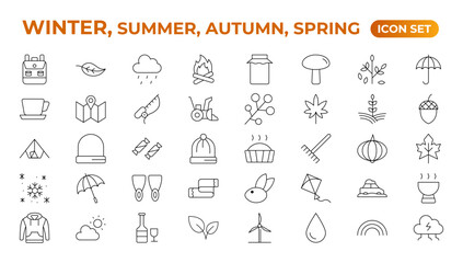 Naklejka premium Spring, summer, autumn, and winter icon set. Weather icons. Weather forecast icon set. Clouds logo. Weather, clouds, sunny day, moon, snowflakes, wind, sun day. Outline icon collection.