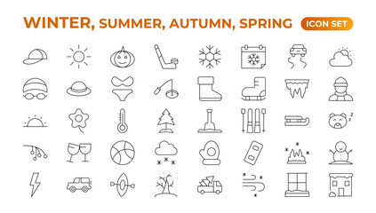 Spring, summer, autumn, and winter icon set. Weather icons. Weather forecast icon set. Clouds logo. Weather, clouds, sunny day, moon, snowflakes, wind, sun day. Outline icon collection.