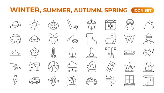 Spring, summer, autumn, and winter icon set. Weather icons. Weather forecast icon set. Clouds logo. Weather, clouds, sunny day, moon, snowflakes, wind, sun day. Outline icon collection.
