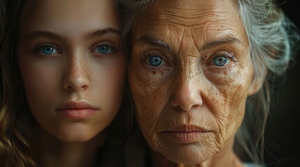 Face of young girl and old grandmother nearby. The concept of the aging process and the change of different generations. Age-related skin changes. Human ageing. Present, past and future. Life cycles.