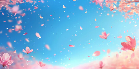  pink blossoms falling from the sky on blue sky background, pink cherry blossoms wallpaper banner, empty space background - obrazy, fototapety, plakaty