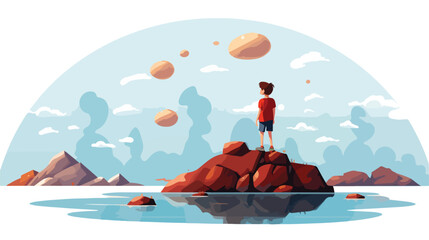 boy standing and looking at the magic rocks floating