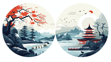 Chinese style fantasy scenes Flat vector 