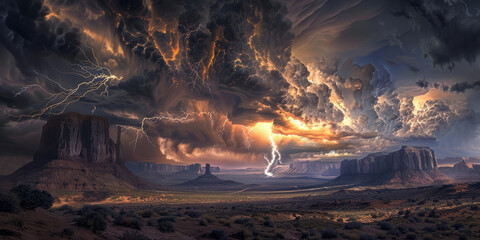 The artwork presents monumental desert rock formations under a tumultuous sky with lightning, symbolizing nature's power and grandeur - obrazy, fototapety, plakaty