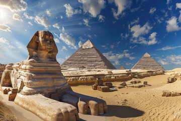 A panoramic view of the Great Pyramid and the Sphinx in Egypt, showing its vast scale against an ancient Egyptian landscape