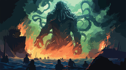 Dark fantasy scene showing Cthulhu the giant sea 