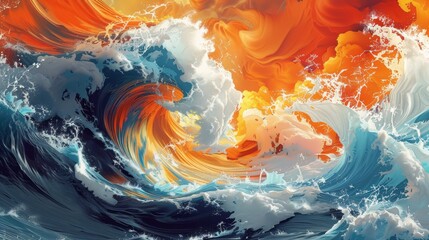 A painting of a wave with a splash of orange and blue. The painting is abstract and has a lot of movement - obrazy, fototapety, plakaty