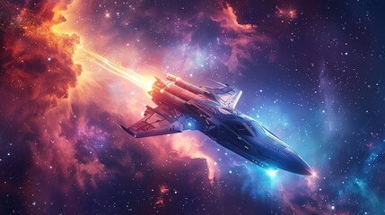 A blue and red space ship is flying through a colorful galaxy. The bright colors and the movement of the ship create a sense of adventure and excitement