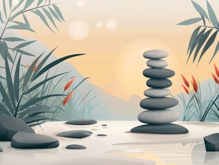 A serene landscape with a mountain range in the background and a body of water in the foreground. A large stack of rocks is placed in the water, creating a peaceful and calming atmosphere